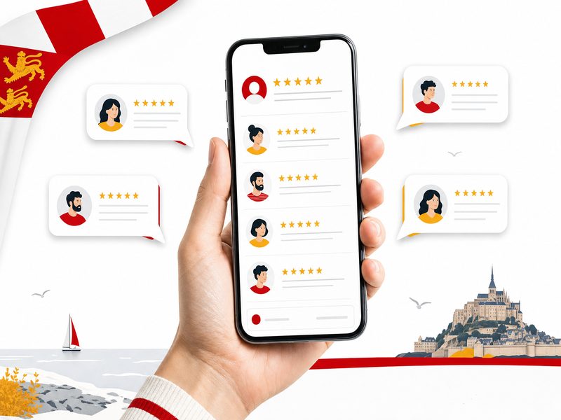 Illustration du programme UGC Fresh Data de Google : smartphone affichant un fil de forum avec avis utilisateurs et notes cinq étoiles, bulles de discussion autour, aux accents rouge et jaune normand.