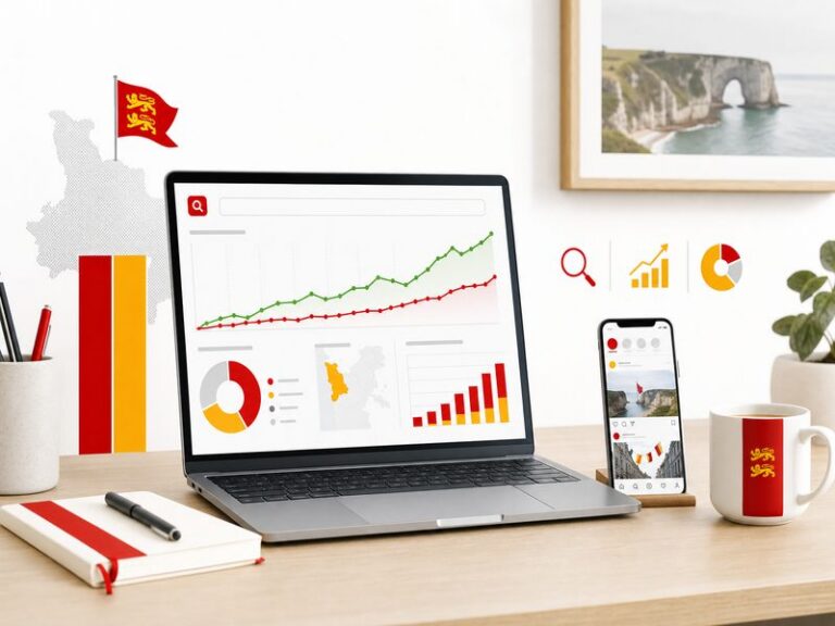 Illustration de la veille digitale du 12 octobre 2026 : ordinateur portable affichant un tableau de bord de statistiques de recherche, smartphone et carnet sur un bureau clair, aux accents rouge et jaune normand.