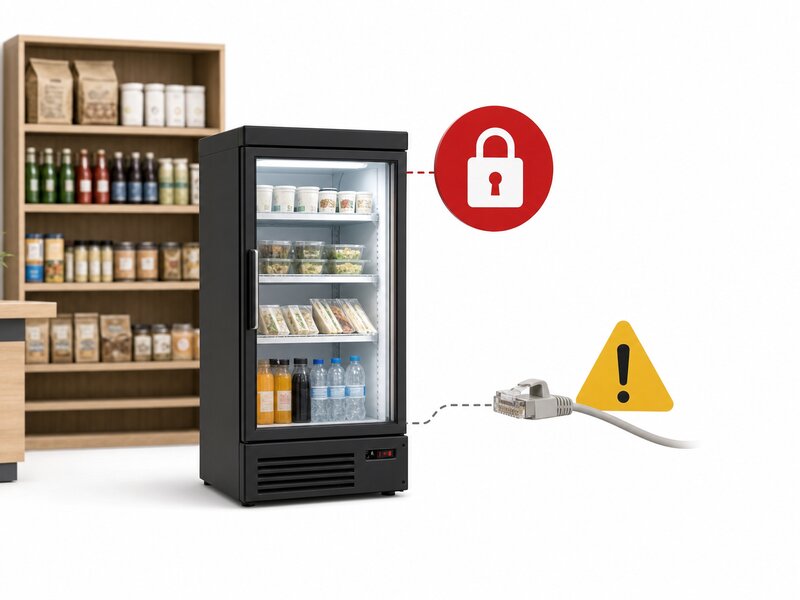 Illustration éditoriale d'un meuble frigorifique de magasin avec un cadenas rouge et un triangle d'alerte jaune, symbolisant l'alerte du CERT-FR après le piratage de systèmes de froid connectés dans des supermarchés français.