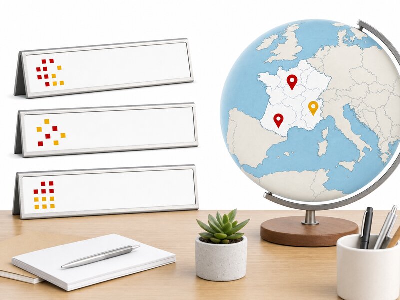 Illustration éditoriale de plaques d'adresse posées sur un bureau en bois avec un globe et une carte de France épinglée, symbolisant les extensions de nom de domaine régionales .bzh, .alsace, .paris et .corsica.