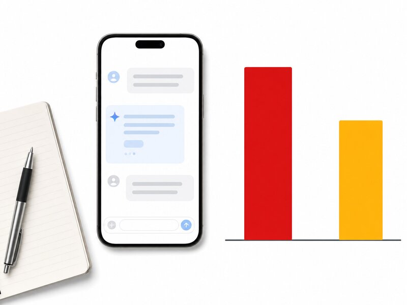 Illustration éditoriale d'un smartphone affichant une interface de conversation IA et d'un graphique à deux barres distinctes rouge et jaune, symbolisant la séquence entre présence d'une marque dans un modèle et citation réelle.