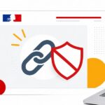 Illustration éditoriale d'un lien hypertexte barré par un bouclier, symbolisant la fermeture d'une faille de parasite SEO sur la plateforme publique Les Bases de l'ANCT en .gouv.fr, sur fond blanc aux accents rouge et jaune.