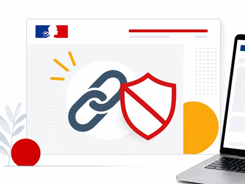 Illustration éditoriale d'un lien hypertexte barré par un bouclier, symbolisant la fermeture d'une faille de parasite SEO sur la plateforme publique Les Bases de l'ANCT en .gouv.fr, sur fond blanc aux accents rouge et jaune.