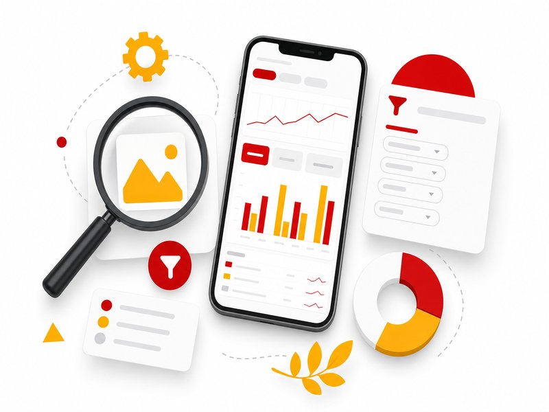 Illustration d'un smartphone affichant un tableau de bord analytique avec une loupe sur une icône photo, représentant le nouveau filtre Multimodal de la Search Console