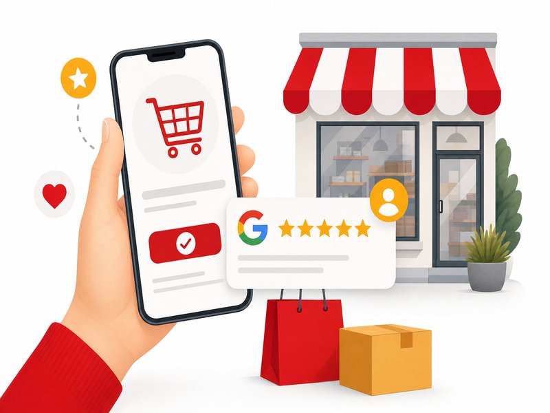Illustration d'une main tenant un smartphone avec un panier d'achat et une carte d'avis cinq étoiles devant une boutique, symbole du paiement direct sur Google et des alertes faux avis