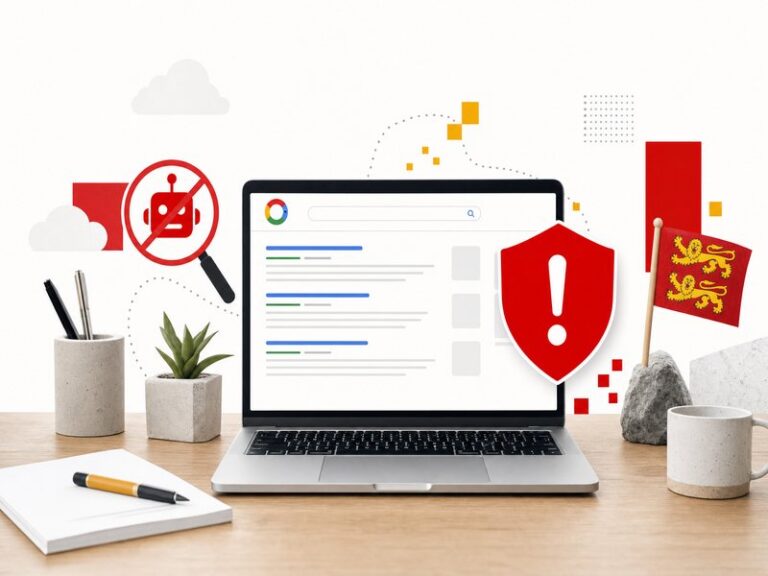 Illustration éditoriale d'un ordinateur portable affichant une page de résultats de recherche avec un bouclier d'alerte rouge, symbole de la mise à jour anti-spam de Google de septembre 2026