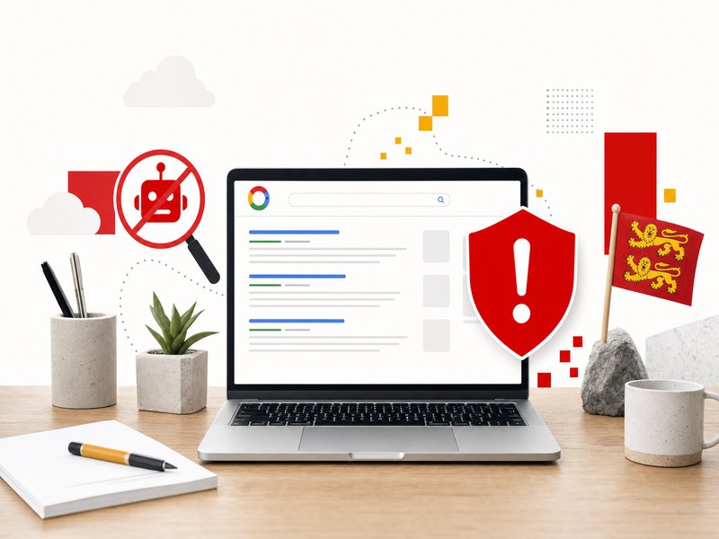 Illustration éditoriale d'un ordinateur portable affichant une page de résultats de recherche avec un bouclier d'alerte rouge, symbole de la mise à jour anti-spam de Google de septembre 2026