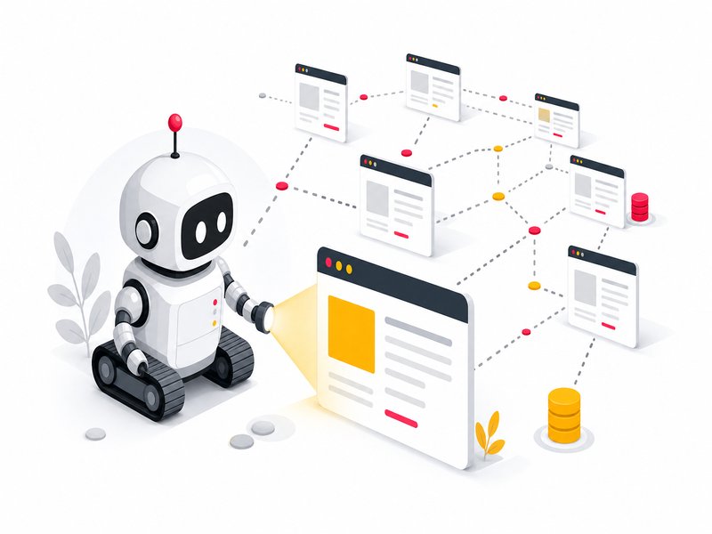 Illustration du crawl budget Google : un robot Googlebot parcourt un reseau de pages web