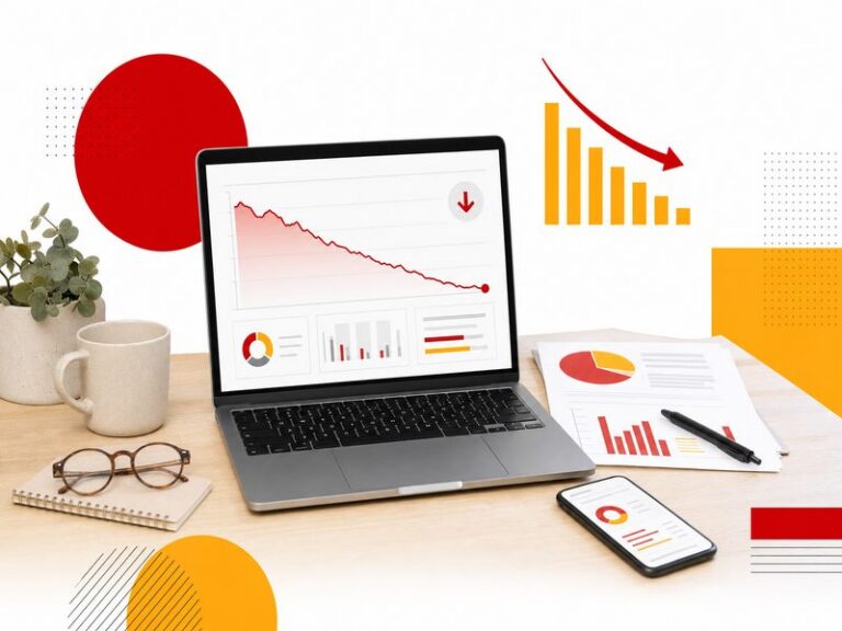 Ordinateur portable sur un bureau clair affichant un tableau de bord de trafic web en baisse, illustration rouge et jaune du blog Normandie Digital pour la veille du 19 octobre 2026