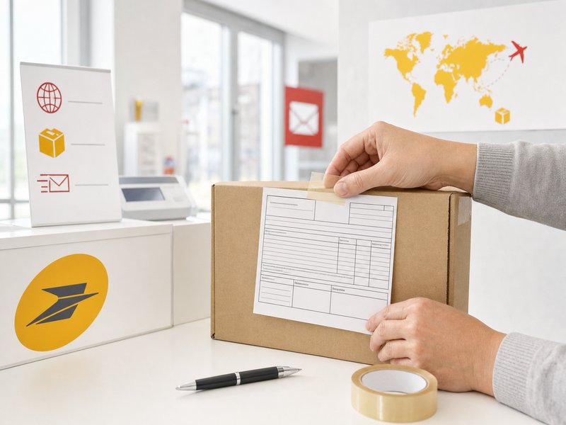 Formulaire de déclaration en douane CN23 attaché sur un colis posé sur un comptoir postal, document obligatoire pour les envois hors Union européenne de plus de 380 euros