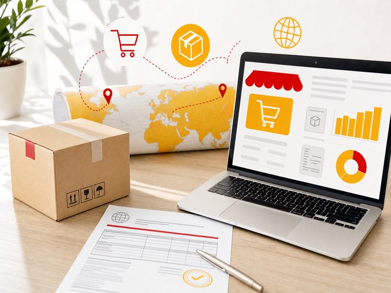 Colis prêt à expédier à l'étranger à côté d'un ordinateur portable affichant une boutique en ligne, illustration pour une TPE qui se lance dans la vente internationale