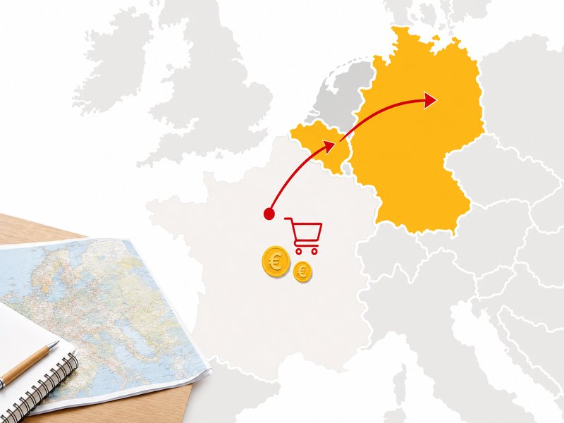 Carte de l'Europe de l'Ouest avec un trajet de la France vers la Belgique et l'Allemagne illustrant la TVA due dans le pays du client pour les ventes à distance intracommunautaires