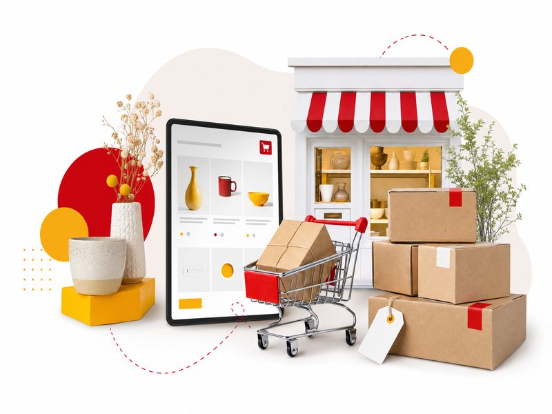 Illustration éditoriale d'une petite boutique préparant des colis pour ses ventes en ligne, avec chariot de commande et étiquettes, accents rouges et jaunes