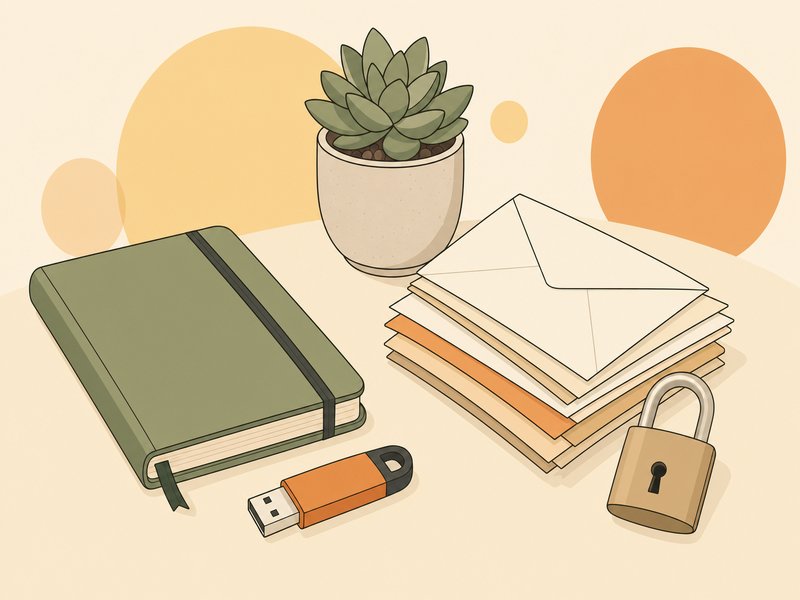 Une clé USB et un carnet posés près d'une pile de lettres et d'un vase sur fond crème, avec des cercles jaunes et orange en arrière-plan, pour illustrer la gestion des identifiants et la protection de ses comptes en ligne