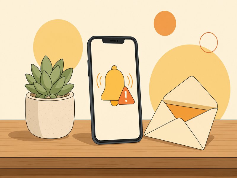 Un smartphone affichant une notification d'alerte, posé à côté d'un courrier ouvert et d'une petite plante verte, sur fond crème, pour illustrer la notification d'une fuite de données et le risque d'hameçonnage ciblé