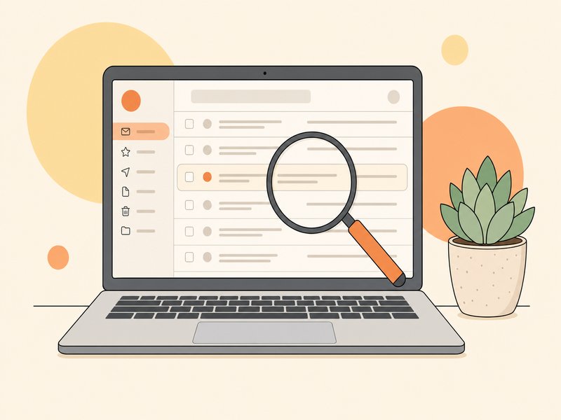 Un ordinateur portable ouvert sur un moteur de recherche, entouré d'enveloppes de messagerie et d'un cadenas, sur fond crème, pour illustrer la vérification d'une adresse email dans une base de fuites de données