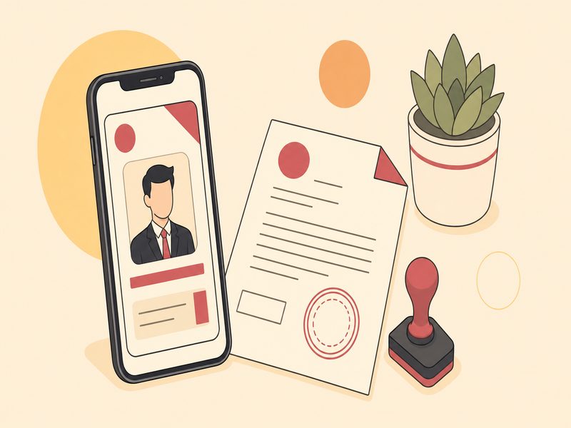 Illustration d'un smartphone montrant la fiche d'identité d'une entreprise et un document officiel tamponné, pour vérifier l'existence d'un vendeur dans les registres publics