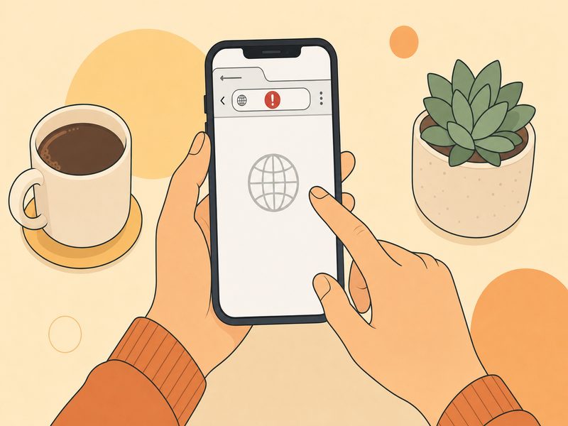 Illustration de mains tenant un smartphone dont le navigateur affiche une barre d'adresse avec un point d'exclamation rouge : vérifier l'URL affichée après un scan de QR code avant d'ouvrir le lien.
