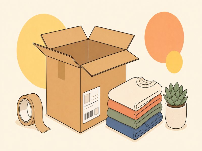 Illustration d'un colis en carton ouvert avec son étiquette de livraison et un rouleau de ruban adhésif, pour illustrer l'expédition d'une vente en ligne