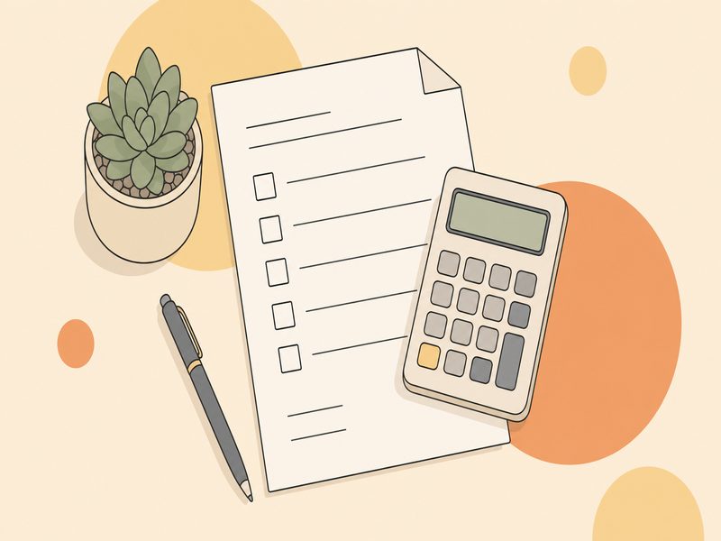 Illustration d'un formulaire de déclaration de revenus avec des cases à cocher et une calculatrice posée dessus, pour illustrer la déclaration des ventes en ligne