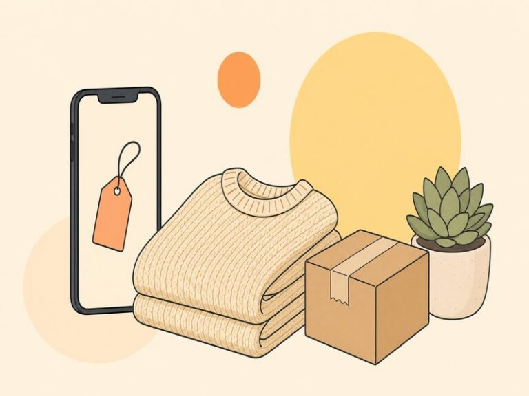 Illustration d'un smartphone affichant une étiquette de prix devant un pull plié et un colis en carton, pour illustrer la vente d'objets personnels en ligne