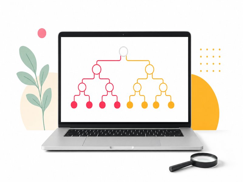 Illustration dun ordinateur portable affichant un arbre de decision a lecran avec une loupe, pour choisir entre VPN dentreprise, VPN gratuit plafonne ou absence de VPN