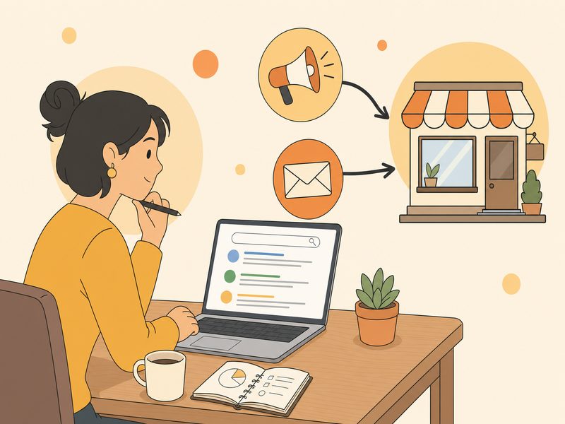 Illustration d'un dirigeant de TPE comparant les leviers du webmarketing à son bureau : site, référencement, publicité payante, réseaux sociaux et email sur fond crème