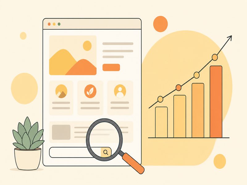 Illustration d'une page web et d'une courbe de positionnement sur Google : le référencement naturel attire des visiteurs sur la durée, sans budget publicitaire continu