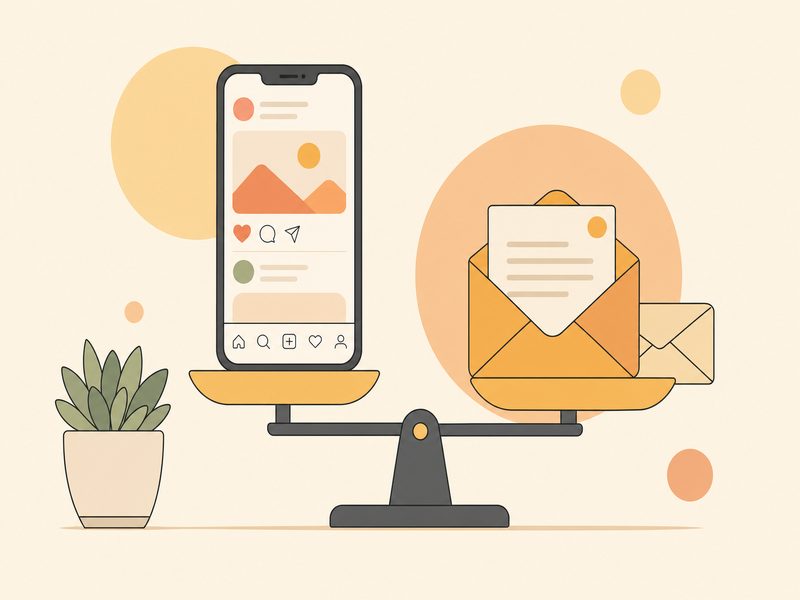 Illustration d'un smartphone et d'une enveloppe posés sur une balance : comparer le coût en temps des réseaux sociaux et le coût faible de l'email marketing