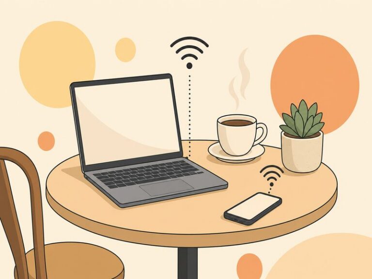 Ordinateur portable sur une table de café connecté à un réseau Wi-Fi public, avec smartphone et café, illustration du sujet de la sécurité en ligne dans les lieux ouverts au public