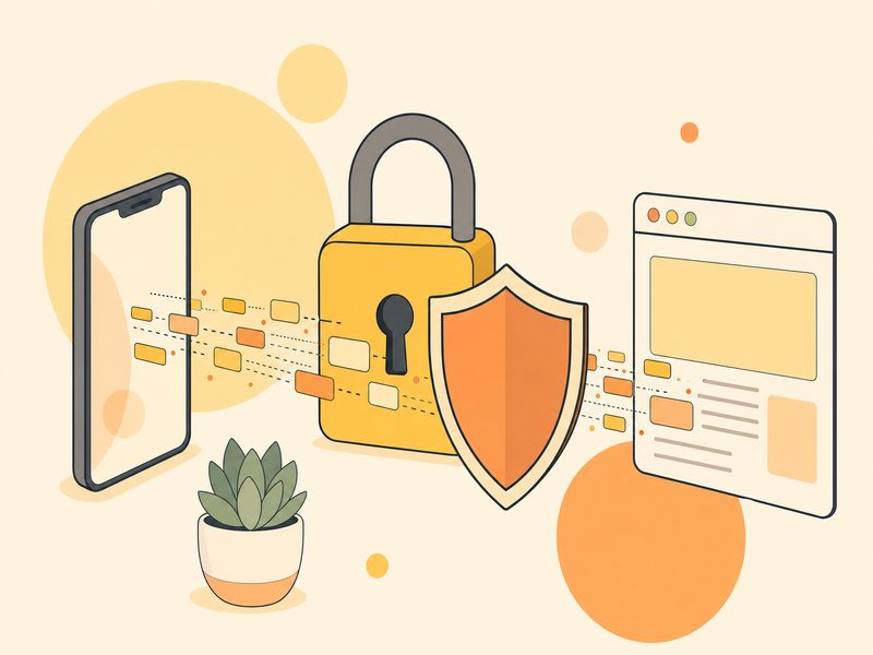 Un grand cadenas et un bouclier protègent un flux de paquets de données entre un smartphone et un site web : illustration du chiffrement HTTPS sur un réseau Wi-Fi public